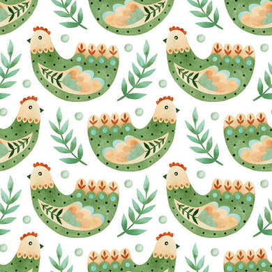 High-quality green cotton curtain fabric featuring charming folk hen design