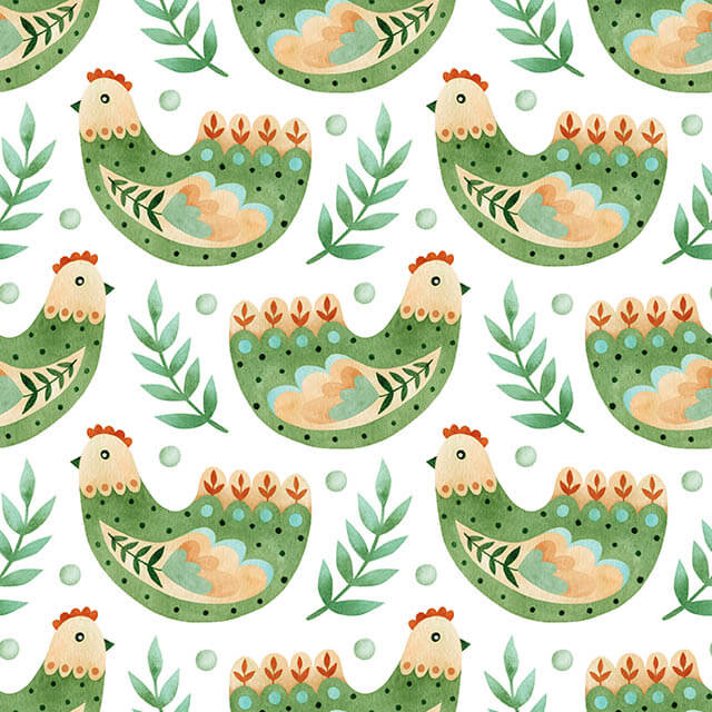 High-quality green cotton curtain fabric featuring charming folk hen design