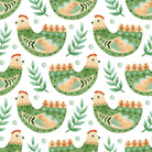 High-quality green cotton curtain fabric featuring charming folk hen design