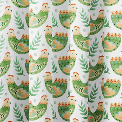 Organic cotton curtain fabric in vibrant green with charming folk hen pattern