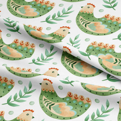 Green cotton curtain fabric featuring a charming folk hens design