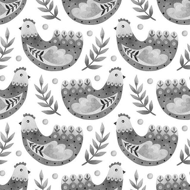 Folk Hens cotton curtain fabric in grey with charming hen pattern