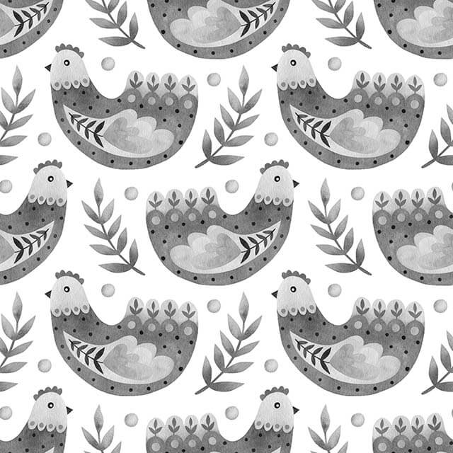 Folk Hens cotton curtain fabric in grey with charming hen pattern