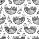 Folk Hens cotton curtain fabric in grey with charming hen pattern
