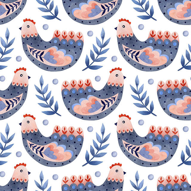 Folk Hens Cotton Curtain Fabric - Indigo Henna pattern in deep blue and red with intricate design details