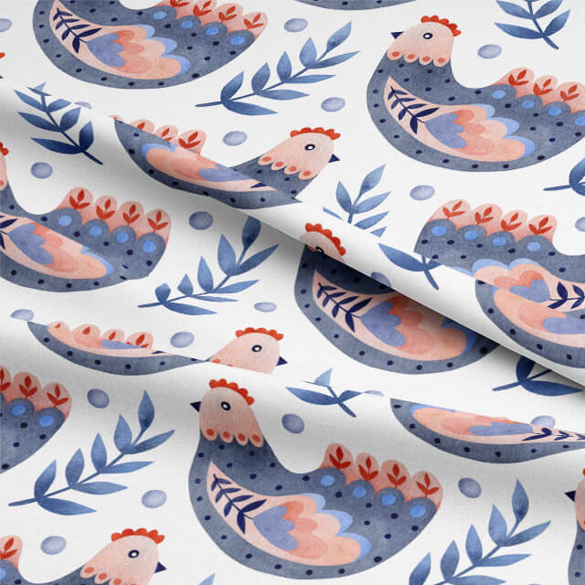 Beautiful and intricate Folk Hens design in Indigo Henna cotton curtain fabric