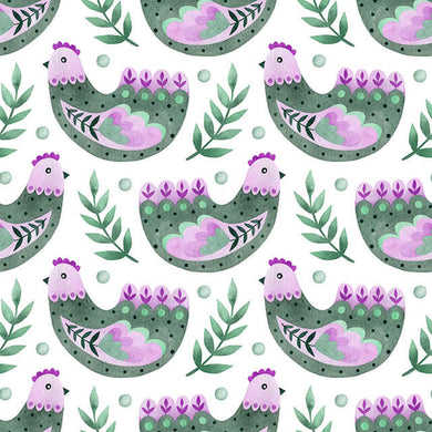 Folk Hens Cotton Curtain Fabric - Jade Mauve pattern with intricate details and vibrant colors