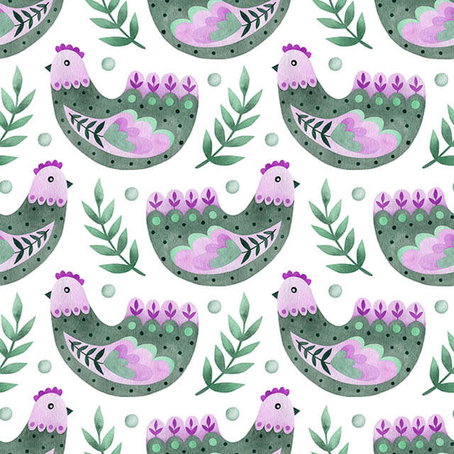 Folk Hens Cotton Curtain Fabric - Jade Mauve pattern with intricate details and vibrant colors