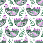 Folk Hens Cotton Curtain Fabric - Jade Mauve pattern with intricate details and vibrant colors