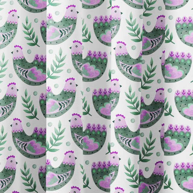 Folk Hens Cotton Curtain Fabric - Jade Mauve draping elegantly over a window