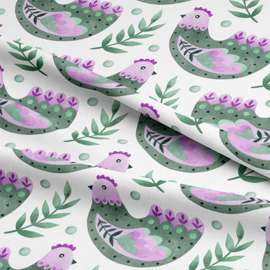 Close-up of Folk Hens Cotton Curtain Fabric - Jade Mauve in natural lighting