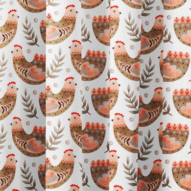  High-quality Folk Hens Cotton Curtain Fabric in Latte with charming hen pattern