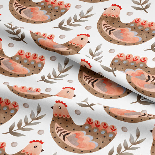 Close-up of detailed Folk Hens Cotton Curtain Fabric in Latte