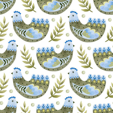 Folk Hens Cotton Curtain Fabric in Olive Blue, a charming country-inspired design with hens and foliage in a blend of earthy olive and deep blue tones