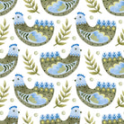 Folk Hens Cotton Curtain Fabric in Olive Blue, a charming country-inspired design with hens and foliage in a blend of earthy olive and deep blue tones