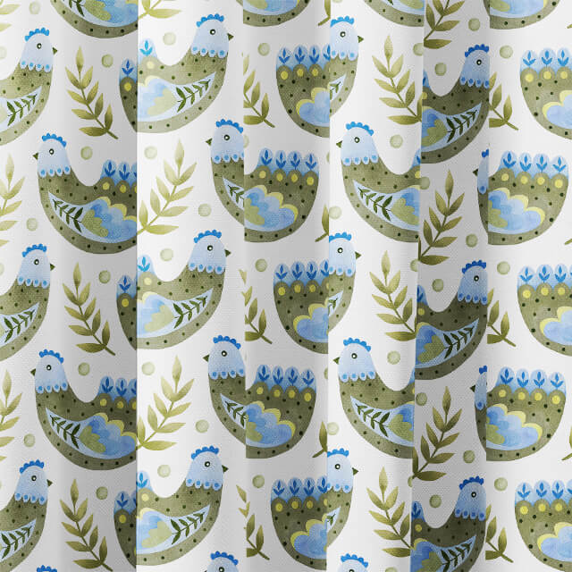 Folk Hens Cotton Curtain Fabric in Olive Blue, a versatile and durable material for creating stylish and rustic window treatments