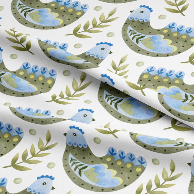  Close-up of Folk Hens Cotton Curtain Fabric in Olive Blue, showcasing the intricate details of the hand-drawn hens and foliage pattern