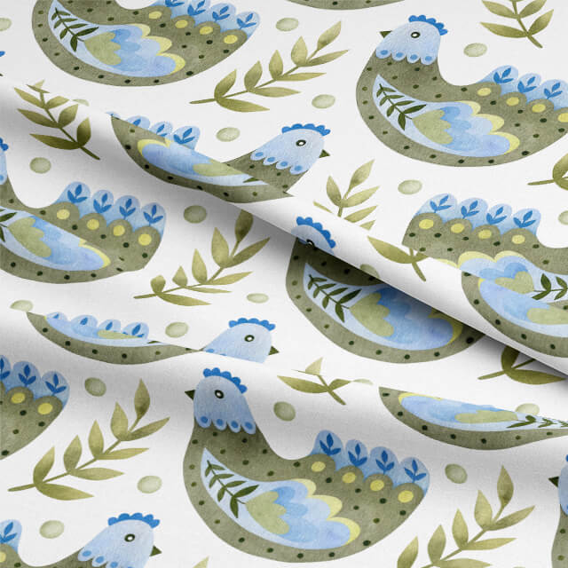 Close-up of Folk Hens Cotton Curtain Fabric in Olive Blue, showcasing the intricate details of the hand-drawn hens and foliage pattern