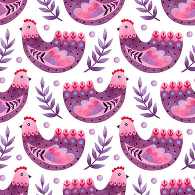 Folk Hens Cotton Curtain Fabric in rich, regal purple color
