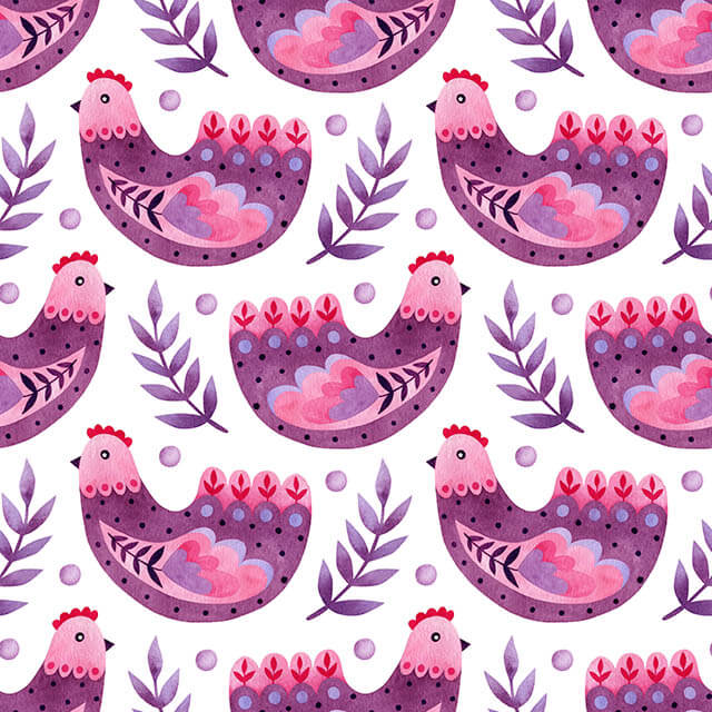 Folk Hens Cotton Curtain Fabric in rich, regal purple color