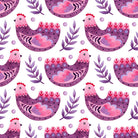 Folk Hens Cotton Curtain Fabric in rich, regal purple color