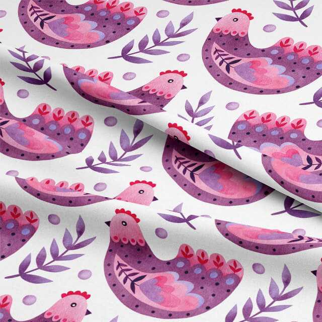 Vibrant purple Folk Hens cotton curtain fabric with intricate folk-inspired design