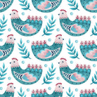 Folk Hens Cotton Curtain Fabric in Teal, featuring intricate folk hen design