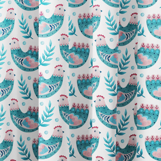 Teal cotton curtain fabric adorned with a delightful folk hens motif, adding a touch of rustic charm to any room