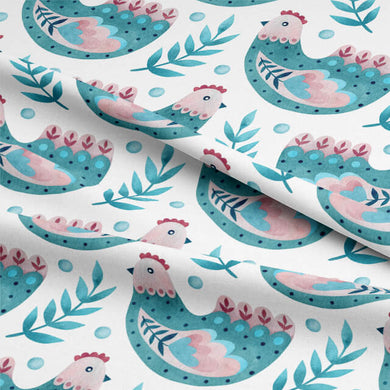 Beautiful teal cotton fabric with a charming folk hens pattern, perfect for curtains