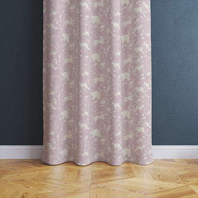 Beautiful mauve linen curtain fabric featuring adorable forest animal illustrations