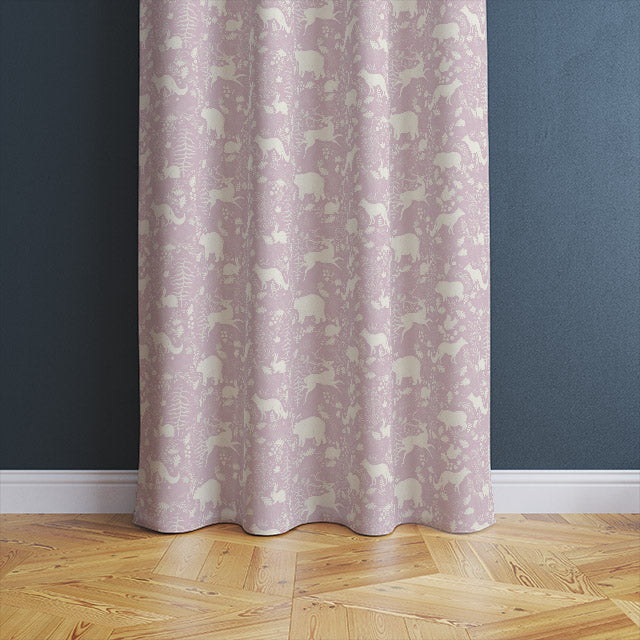 Beautiful mauve linen curtain fabric featuring adorable forest animal illustrations