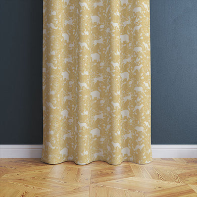  Beautiful Ochre Forest Friends Linen Curtain Fabric draping gracefully in a rustic living room