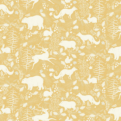 Close-up of Ochre Forest Friends Linen Curtain Fabric with charming animal print design