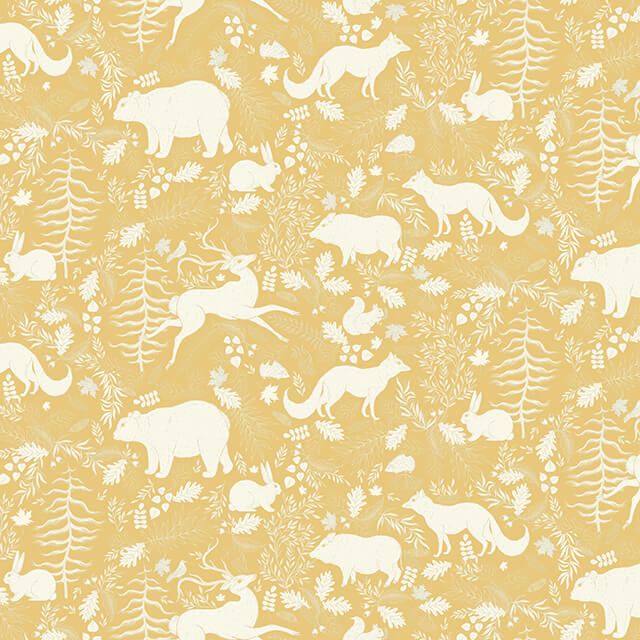 Close-up of Ochre Forest Friends Linen Curtain Fabric with charming animal print design