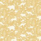 Close-up of Ochre Forest Friends Linen Curtain Fabric with charming animal print design