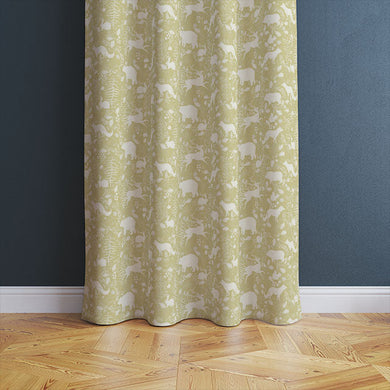 Close-up of the Forest Friends Linen Curtain Fabric - Olive showcasing the high-quality linen material and intricate animal pattern, adding a charming touch to any room