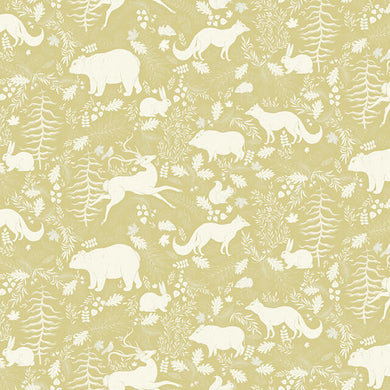 Forest Friends Linen Curtain Fabric - Olive in a nature-inspired olive green shade with adorable animal print, perfect for a cozy and rustic home decor theme