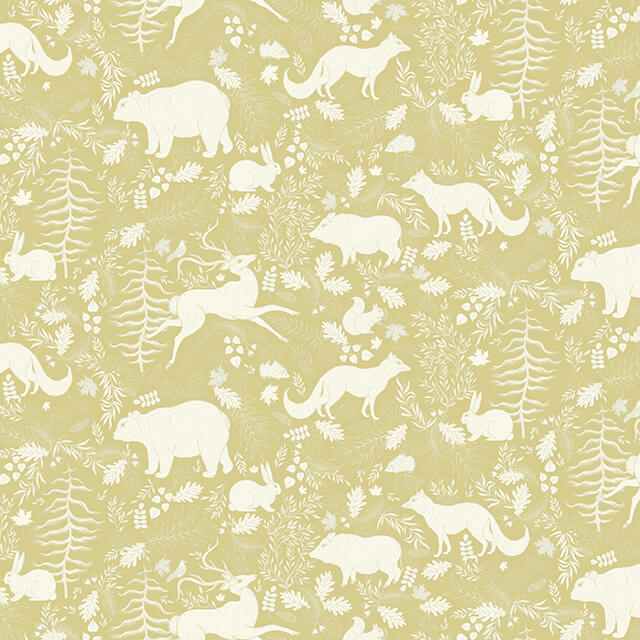 Forest Friends Linen Curtain Fabric - Olive in a nature-inspired olive green shade with adorable animal print, perfect for a cozy and rustic home decor theme