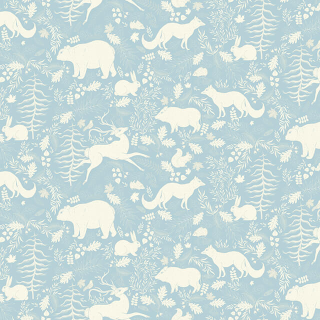 Forest Friends Linen Curtain Fabric - Sky Blue with adorable woodland animal print, perfect for kids' room decor