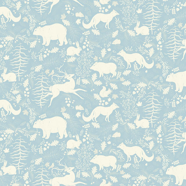 Forest Friends Linen Curtain Fabric - Sky Blue with adorable woodland animal print, perfect for kids' room decor