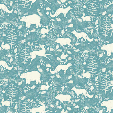 Teal linen curtain fabric with adorable forest animals print for kids' room decor