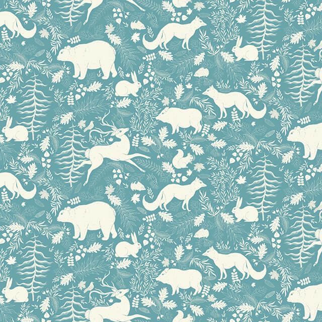 Teal linen curtain fabric with adorable forest animals print for kids' room decor