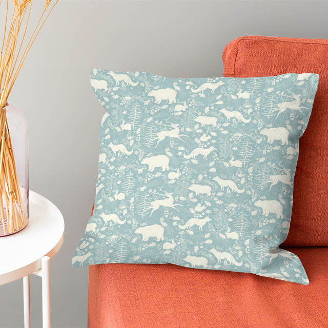 Elevate your home decor with this enchanting Forest Friends Linen Curtain Fabric in the serene and timeless Wedgewood shade