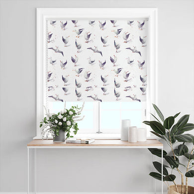 Funky seagull-themed white cotton fabric suitable for curtains or DIY projects