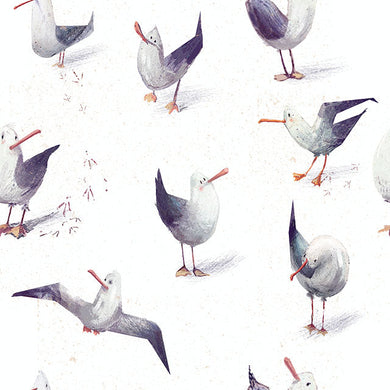 Funky Seagulls Cotton Curtain Fabric - White with playful cartoon seagull print for home decor