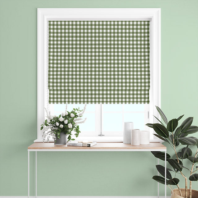  Green Gingham Check Cotton Curtain Fabric draping elegantly, creating a cozy and inviting atmosphere in any room