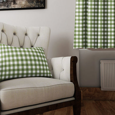  Green Gingham Check Cotton Curtain Fabric swatched against different backgrounds, demonstrating its versatile and timeless appeal