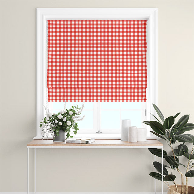 Red gingham check cotton curtain fabric for timeless home decor