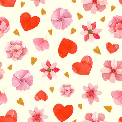 Hearts & Flowers Cotton Curtain Fabric in Red, perfect for adding a touch of romance to your home decor