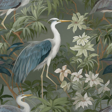 Heron Garden Linen Curtain Fabric - Forest in a lush green forest setting